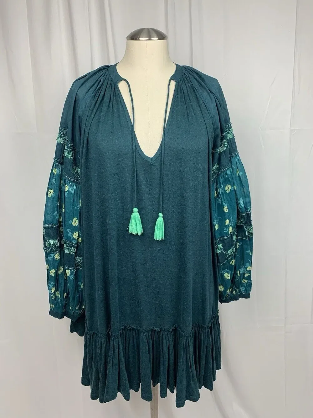 Free People Mix It Up Tunic Dress Balloon Sleeve Teal Blue Green Size S BNWT